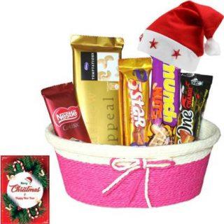 SurpriseForU All Time Favourite Chocolates With Beautiful Tie Basket | Christmas Chocolate Gift Hamper | New Year Chocolate Gift | Chocolate Gift | Christmas Gift | Chocolate Gift Hamper Combo (1 Basket , 1 Nestle Classic (18g) , 1 Temptation (72g) , 1 5Star (25g) , 1 Munch (10.1g) Nuts , 1 BarOne (22g) , 1 Christmas Greeting Card, 1 Cap)